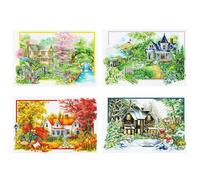 HTU 4 Pack Four Seasons Full 11CT DIY Stamped Embroidery Needlepoint Starter Kits 85x60cm Cross Stitch Art and Crafts Kits Embroidery DIY Starter Kit for Adults Home Decor