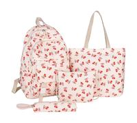 HTU 4 Pcs Set Cherry Backpack with Lunch Bag Pencil Case Backpack Set (Beige)