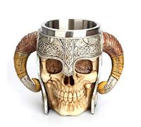 HTU 450ml Skeleton Knight Ram Horn Cup Skull Coffee Mug Creative Double Ram Horn Beer Mug Heat Resistant for Desktop Decor