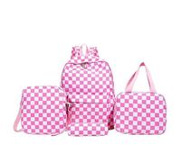 HTU 4Pcs Checker Backpack with &Small Bag Stylish Schoolbag (Rose Red)