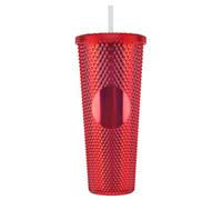 HTU 710ml Plastic Straw Cup Rhinestone Rivet Cup Double-Walled Travel Mug with Lid Bubble Tea Cup Large Capacity for Home & Outdoor