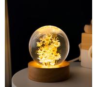 HTU Flower Crystal Ball Night Light with Woodern Base Flower Desk Lamp Office Home Decor Round Ball Night Lamp Gifts for Men Women Kids Boys Girls