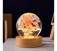 HTU Flower Desk Lamp with Woodern Base Forever Flowers Crystal Ball Light Office Home Decor Round Ball Night Lamp Gifts for Men Women Kids Boys Girls
