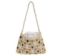 HTU Hollow Woven Bead Shoulder Bags with Drawstring Inner Bag Bohemian Style Tote Handbag Lightweight Handmade Crochet Underarm Pack Summer Beach Vacation Handbags (White)