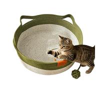 HTU Instinct Basket for Cats, Pet Sleeping Bed with Toy Tail & Cats Ear Design, Handwoven Cotton Rope Enrichment Bed for Fight Boredom Protect Furniture-Olive Green