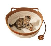 HTU Instinct Basket for Cats, Pet Sleeping Bed with Toy Tail & Cats Ear Design, Handwoven Cotton Rope Enrichment Bed for Fight Boredom Protect Furniture-Khaki