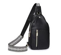 HTU PU Leather Chest Bag Small Waist Bag Adjustable Guitar Strap Simple Shoulder Bag Multi-Pockets Casual Waist Pack Solid Color for Outdoor Travel (Black)