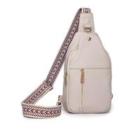 HTU PU Leather Chest Bag Small Waist Bag Adjustable Guitar Strap Travel Fanny Pack Multi-Pockets Simple Shoulder Bag Solid Color for Outdoor Travel (White)
