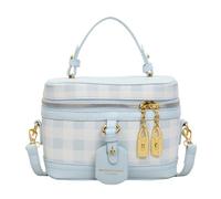 HTU PU Leather Plaid Pattern Shoulder Bag Large Capacity Trendy Crossbody Bags Contrast Color Bucket Bag Zipper Closure Checkered Box Handbag Travel Work Shopping Handbag (Blue)