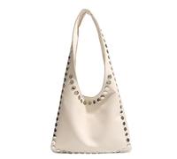 HTU PU Leather Stylish Studded Shoulder Bag Large Capacity Trendy Rivet Tote Handbag Solid Color Cool Girl Motorcycle Tote Travel Date Work Shopping Handbag (White)