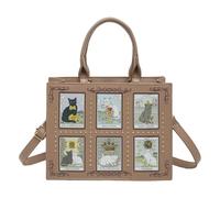 HTU Top-handle Handbag for Women with Adjustable Strap Cat Rivet Decoration Bag PU Leather Cat-themed Zippered Handbag for Commute Dating (Khaki)