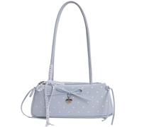 HTU Women Bowknot Dot Pattern Top Handle Bag with Love Pendant PU Leather Shoulder Purse Solid Color Clutch Purse Long Strap for Girls (Blue)