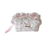 HTU Women Cotton Ruffled Edge Bow Floral Print Makeup Bag Large Capacity Quilting Makeup Bag Lightweight Cosmetic Storage Bag (White)