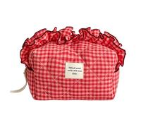 HTU Women Cotton Ruffled Edge Bow Floral Print Makeup Bag Lightweight Cloth Handbag Toiletry Case Hand-held Sweet Wash Pouch (Red) (Style E)
