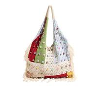 HTU Women Knitted Shoulder Bag Colorful Patchwork Summer Beach Purse Large Capacity Tote Handbag with Tassel for Travel Shopping Work Dating Daily Use (Light Blue)