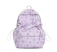 HTU Women Nylon Floral Print Backpack with Pendant Sweet Bow Student School Bag Multi-Pockets Large Capacity Lightweight Preppy Knapsack Outdoor Travel Trip Backpacks (Purple) (紫色 360 * 270 * 130)