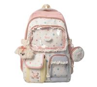 HTU Women Nylon Ita Backpack with Clear Insert Pin Display Bookbag with Pendant Cutecore Daypack for Girls Teens School Cosplay Concert Gifts (Pink)