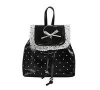 HTU Women PU Leather Polka Dot Backpack with Floral Lace & Bowknot Trendy Dot Pattern Backpack Large Capacity Lightweight Drawstring Backpacks Travel Carrying Package (Black 220 * 200 * 100)