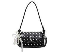 HTU Women PU Polka Dot Shoulder Bag with Pearl Bow Pendant Hobo Crossbody Bags with Adjustable Strap Tote Handbag for Travel Work Dating Daily (Black) (Black 220 * 130 * 70)