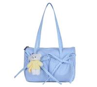 HTU Women Versatile Long Handle Tote Bags Large Capacity Checked Pattern Underarm Pouch Lightweight Multi Pockets Armpit Purse Daily Shopping Dating Shoulder Bags (Blue)