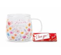 HTUK I Love You Mum Glass Mug & Belgian Milk Chocolate Gift Set - Floral Coffee & Tea Mug for Hot Drinks + 45g Hazelnut Milk Chocolate Bar - Birthday & Special Occasion