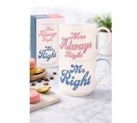 HTUK Mr Right & Mrs Always Right Stacking Mugs - Set of 2 (275ml) Fine China Coffee Cups | Stackable Coffee, Tea & Hot Drinks Mugs | Practical Gift Drinkware for Couples, Men & Women