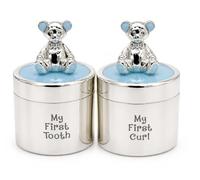 HTUK My First Tooth & Curl Keepsake Box Set - Silver Plated Baby Memory Gift with Blue Enamel Teddy Bear Lids - First Tooth and First Curl Trinket Boxes - Christening, Newborn Gift for Boys