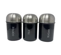 HTUK Tea Coffee Sugar Jars Set Caddy Canister With Shiny Lids Stainless Steel Dome Canister Set 3Pcs BLACK