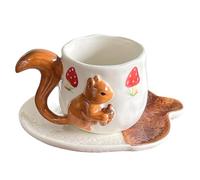 Htuteyy Lovely Squirrel Relief Decoration Porcelain Cup& Sauce Coffee Mug Flower Mugs for Dining Table Afternoon Tea Teacup Fruits Juice Cup A