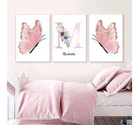 HTWLMM Watercolour Customisation Name Pink Flowers Butterfly Canvas Painting Pictures Girls Nursery Poster Art Print for Living Room Bedroom Wall Pictures Decoration Frameless (3 x 20 x 30 cm)