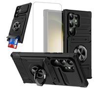 HTXWXJC Case for Galaxy S24 Ultra Case Samsung S24 Ultra SM-S928B Wallet Case with Screen Protector, Card Holder Protective Case Ring Magnetic Kickstand Phone Cover for Samsung Galaxy S24 Ultra Black