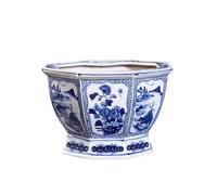 HTYUKFDG Blue and White Floral Porcelain Flower Pot Chinoiserie Jingdezhen Hexagon Ceramic Planter Pot Classic Traditional Plant Pot with Drainage Hole for Garden Entryway