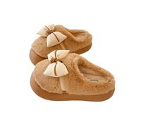 HTYUKFDG Women's Cute Bow Knot House Slippers Plush Comfy Faux Fur Slip-on Shoes Indoor Anti-Slip Thick Sole Winter Warm Fuzzy Slippers(Khaki,6 UK)