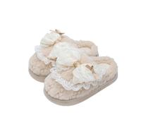 HTYUKFDG Women's Cute Bow & Lace Plush Slippers Indoor Outdoor Anti Slip Bedroom Shoes Autumn Winter Warm Slip on Fuzzy House Slippers(Khaki,6 UK)