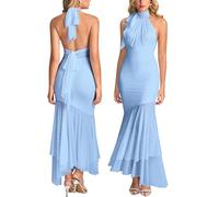 HTZMO Women Fall Halter Tie Formal Wedding Guest Maxi Dress Sexy Backless Bow Bodycon Ruched Cocktail Party Long Dresses, Blue, L