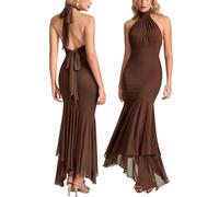 HTZMO Women Fall Halter Tie Formal Wedding Guest Maxi Dress Sexy Backless Bow Bodycon Ruched Cocktail Party Long Dresses, Brown, L