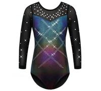 HUAANIUE Girl Gymnastics Leotard Sleeveless Diamond Splice Leotard Long Ballet Dancing Dress Sportwear 3-12Y Athletic Ballet Kids Aerobics Costume Dancewear(AquaBlack,10A)