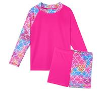 HUAANIUE Girls 2PCS Longsleeve Swimsuit Sunsafe Swimwear Kids Summmer Print Flower Swim Sets Sun Protection UPF 50+ Swimming Costume for Girl 3-11Y(HotPinkScale,12A)