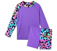 HUAANIUE Girls 2PCS Longsleeve Swimsuit Sunsafe Swimwear Kids Summmer Print Flower Swim Sets Sun Protection UPF 50+ Swimming Costume for Girl 3-11Y(PurpleLeopard,10A)