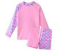 HUAANIUE Girls 2PCS Longsleeve Swimsuit Sunsafe Swimwear Kids Summmer Print Flower Swim Sets Sun Protection UPF 50+ Swimming Costume for Girl 3-11Y(PinkScale,8A)