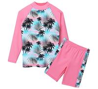 HUAANIUE Girls 2PCS Longsleeve Swimsuit Sunsafe Swimwear Kids Summmer Print Flower Swim Sets Sun Protection UPF 50+ Swimming Costume for Girl 3-11Y