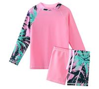 HUAANIUE Girls 2PCS Longsleeve Swimsuit Sunsafe Swimwear Kids Summmer Print Flower Swim Sets Sun Protection UPF 50+ Swimming Costume for Girl 3-11Y(PinkCocoTree,12A)