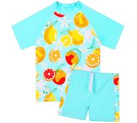 HUAANIUE Girls Kids 2-Piece Swimsuit Anti-UV UPF 50+ Kids Girls Short Swimwear 2-12 Years, S492-Light Blue Lemon, 8-9 Years