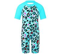 HUAANIUE Girls Swimsuit 2-12 Years One Piece UV Protection UPF50+ Short Sleeve Front Zip Colourful Print Pattern Ideal for Swimming & Beach, S406-Blue Leopard, 10-11 Years