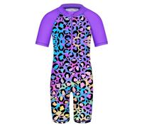 HUAANIUE Girls Swimsuit 2-12 Years One Piece UV Protection UPF50+ Short Sleeve Front Zip Colourful Print Pattern Ideal for Swimming & Beach, s408-purple leopard, 6-8 Years