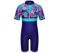 HUAANIUE Long Swimsuit Girls Swimming 1pcs Swimwear UPF 50+ UV Sunsuit with Zipper 4-12Y Summer Swimming Sportswear(NavyLeaves,6A)