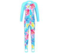 HUAANIUE Longsleeve Step on Foot Swimsuit Summmer Cute Flower and Fish Wetsuit Costume with Ziper for Boys and Girls(PinkBlue,128/134)