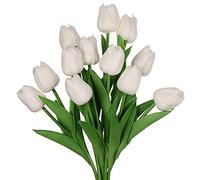 huaao 12pcs Artificial Tulips Flowers Latex Fake White Flowers Tulips Real Touch Bouquet Arrangements Floral for Wedding Party Home Office Room Hotel DIY Decoration