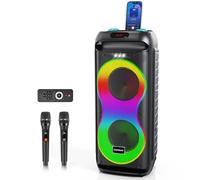 HUABAO Bluetooth Karaoke Speaker with 2 Wireless Microphones - 40W Portable PA System with LED Lights, TWS Pairing, 6.5” Dual Woofers, Rolling Wheels, Rechargeable Battery - for Party/Home/Outdoor