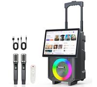 HUABAO Karaoke Machine with 14.1" Rotatable HD Screen & Handle & Wheels, Portable Bluetooth Speaker with Lyrics Display, Wireless Screen Mirroring, 11 Speakers, PA System with 2 Mics for Outdoor Party